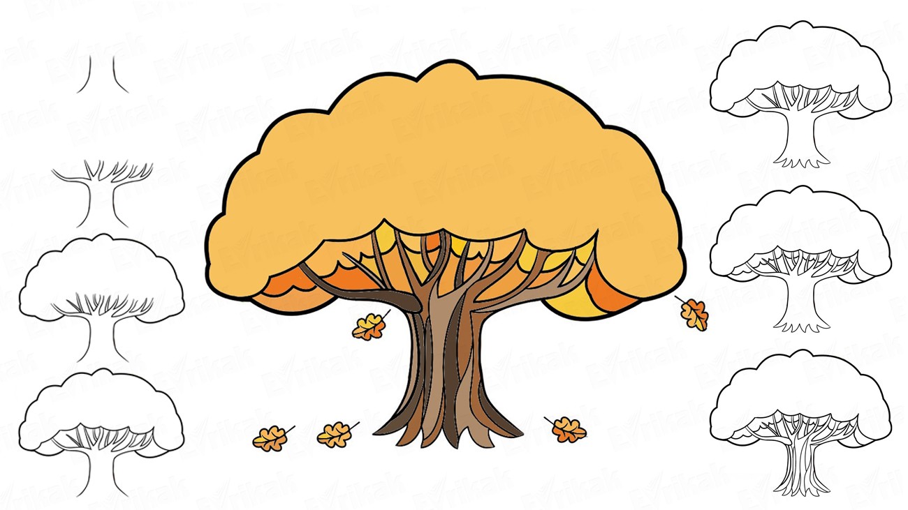 Учимся пошагово рисовать с ребенком дуб осенью (+ раскраска)