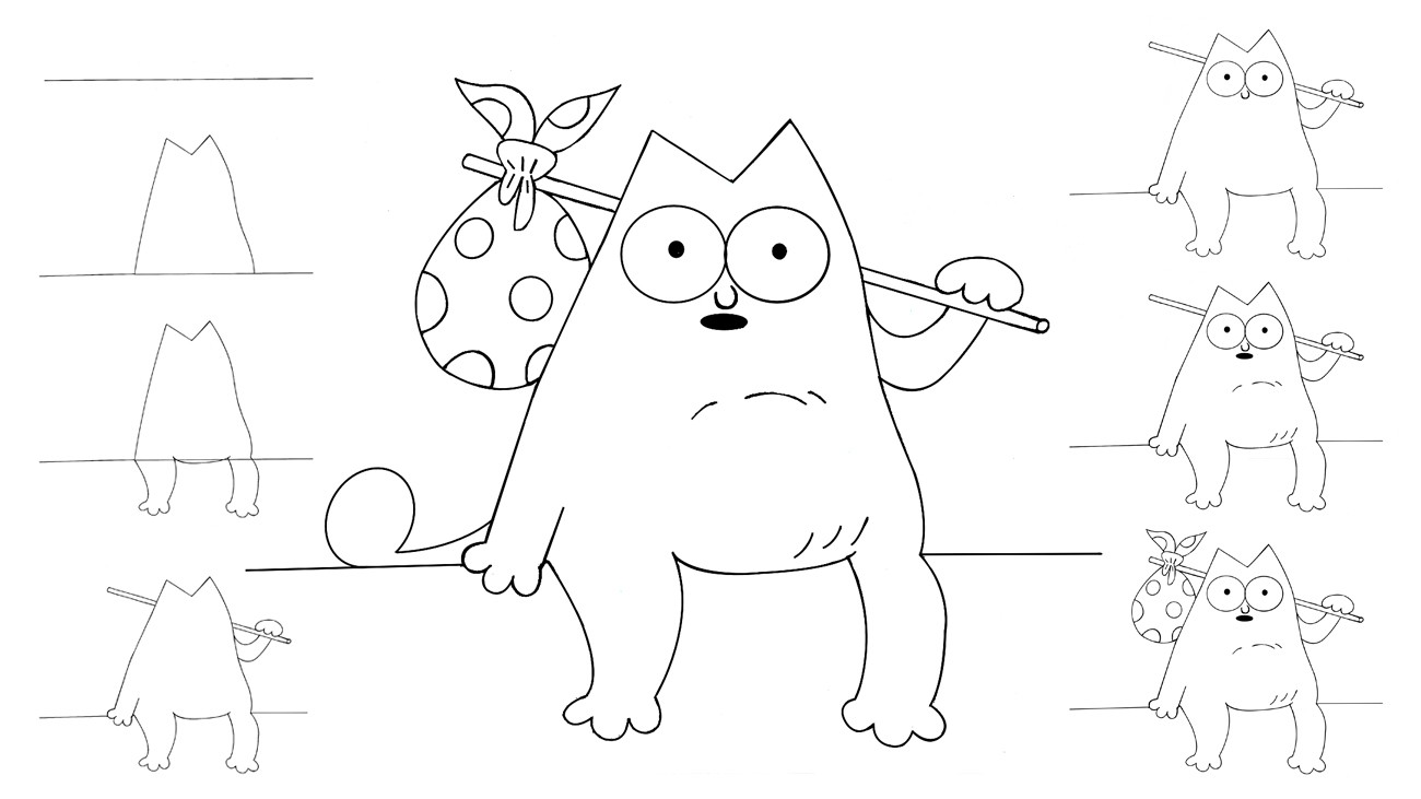 Учимся поэтапно рисовать смешного кота Саймона карандашом