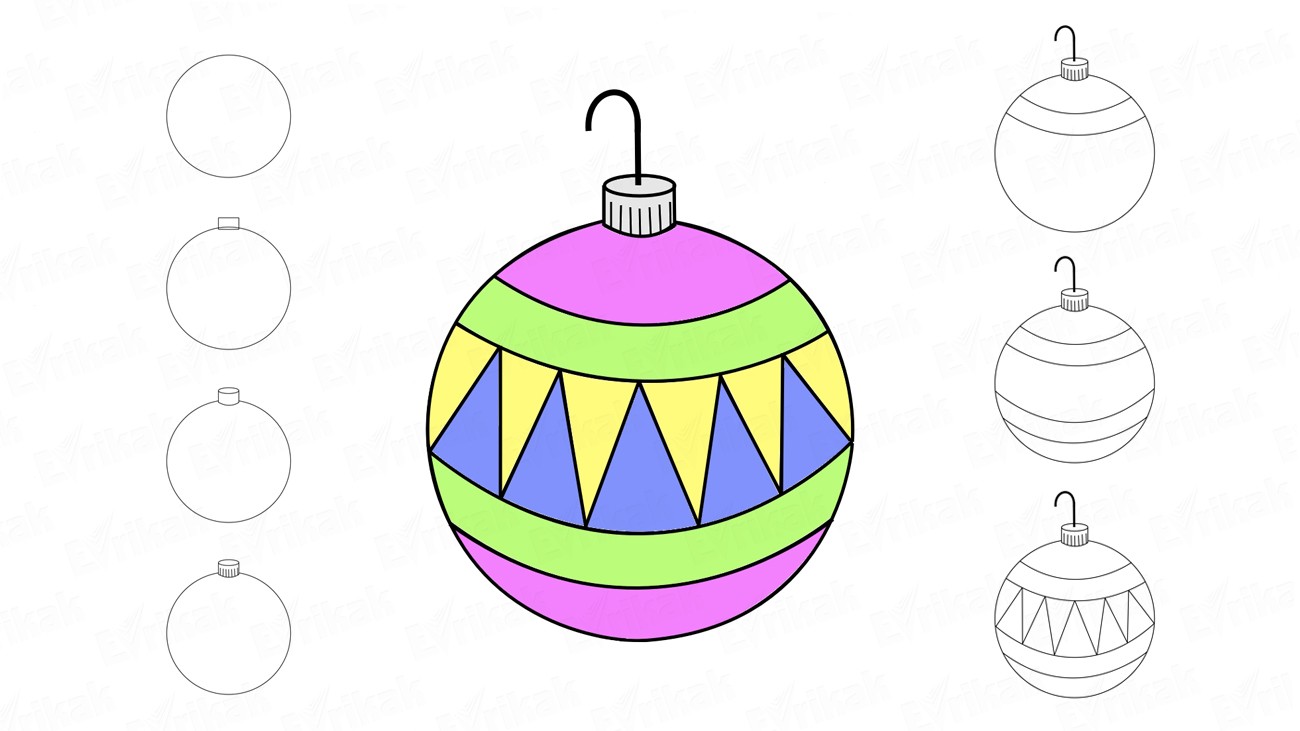 Как поэтапно нарисовать новогодний шарик на елку