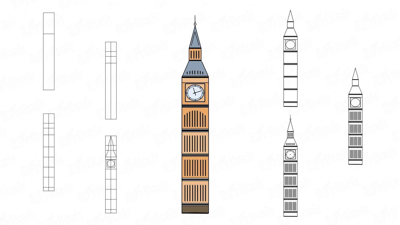 Учимся поэтапно рисовать башню Big Ben с ребенком (+ раскраска)