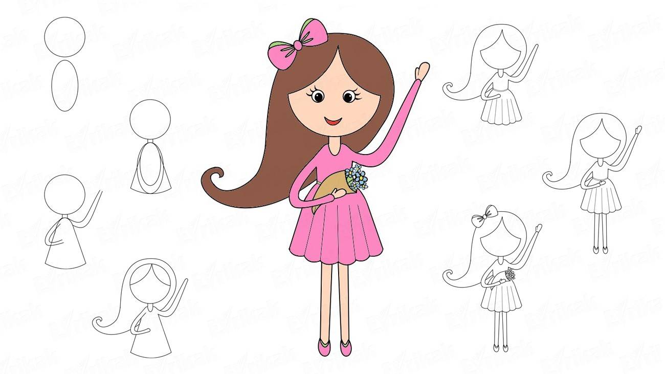 Как нарисовать девочку в розовом платьице с цветами
