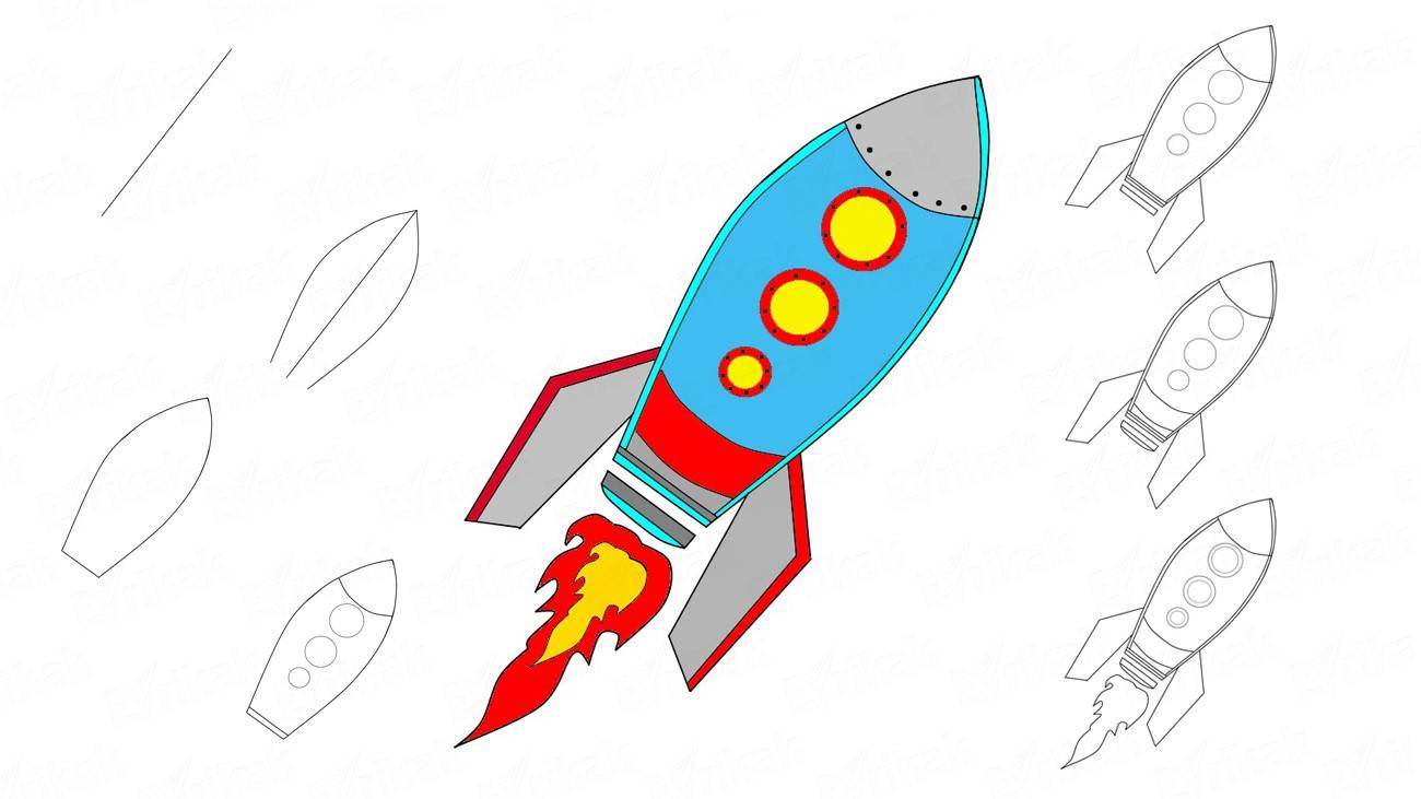 Учимся поэтапно рисовать ракету с детьми (+ раскраска)