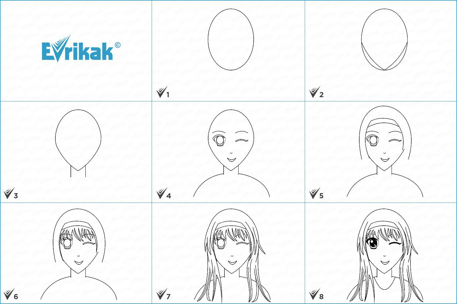Коллаж этапов рисования аниме девушки