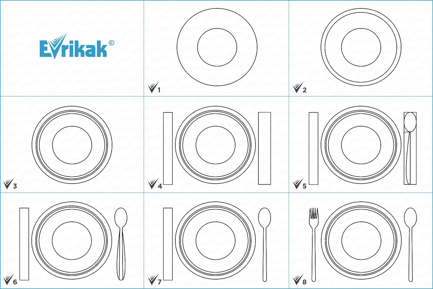 Коллаж этапов рисования тарелки с приборами