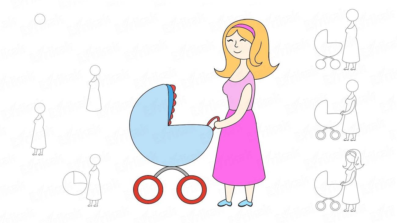 Как нарисовать маму с коляской (+ раскраска)
