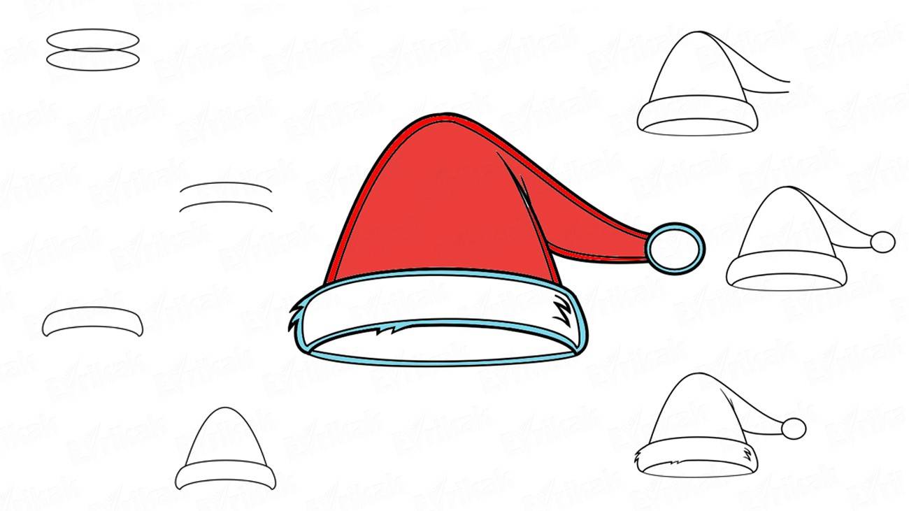 Как нарисовать новогоднюю шапку с помпоном (+ раскраска)