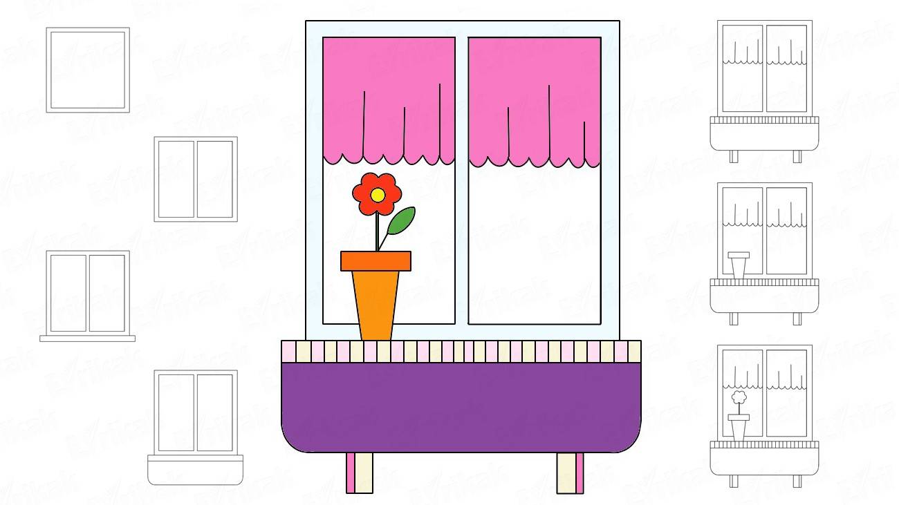 Как нарисовать окно с подоконником и цветком