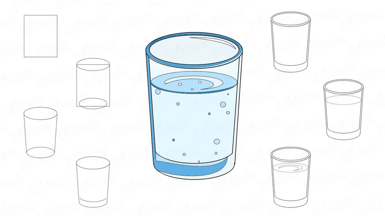 Как нарисовать стекляный стакан с водой (+ раскраска)