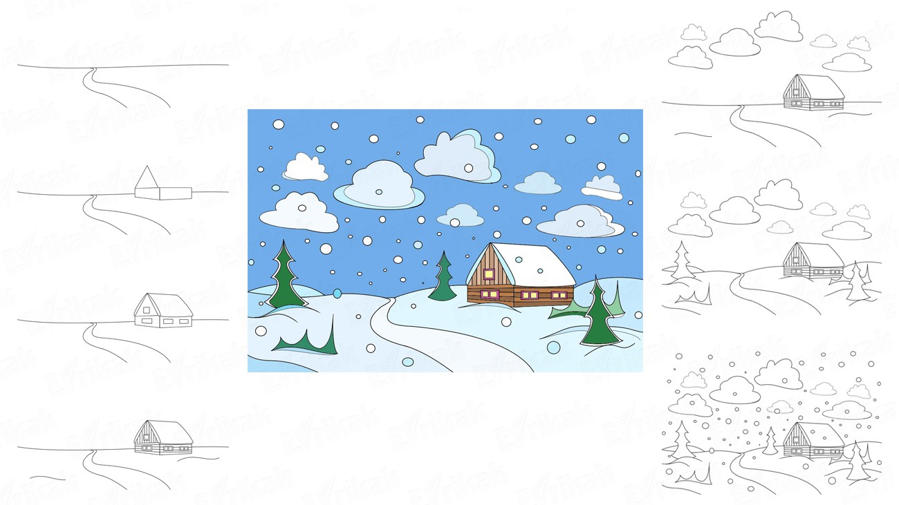 Как нарисовать зимний пейзаж (+ раскраска)
