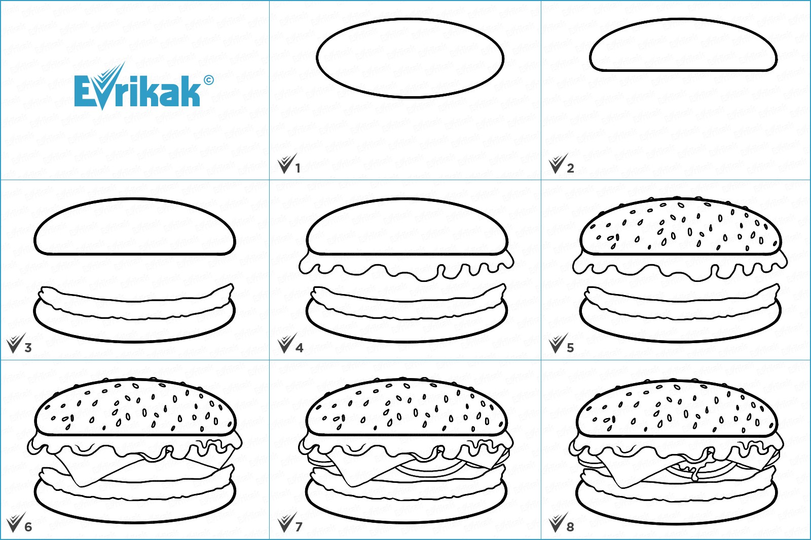 Коллаж с этапами рисования гамбургера