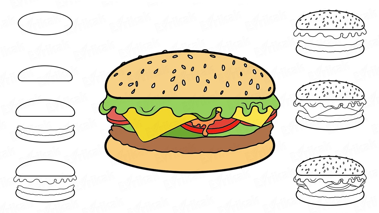 Как пошагово нарисовать гамбургер