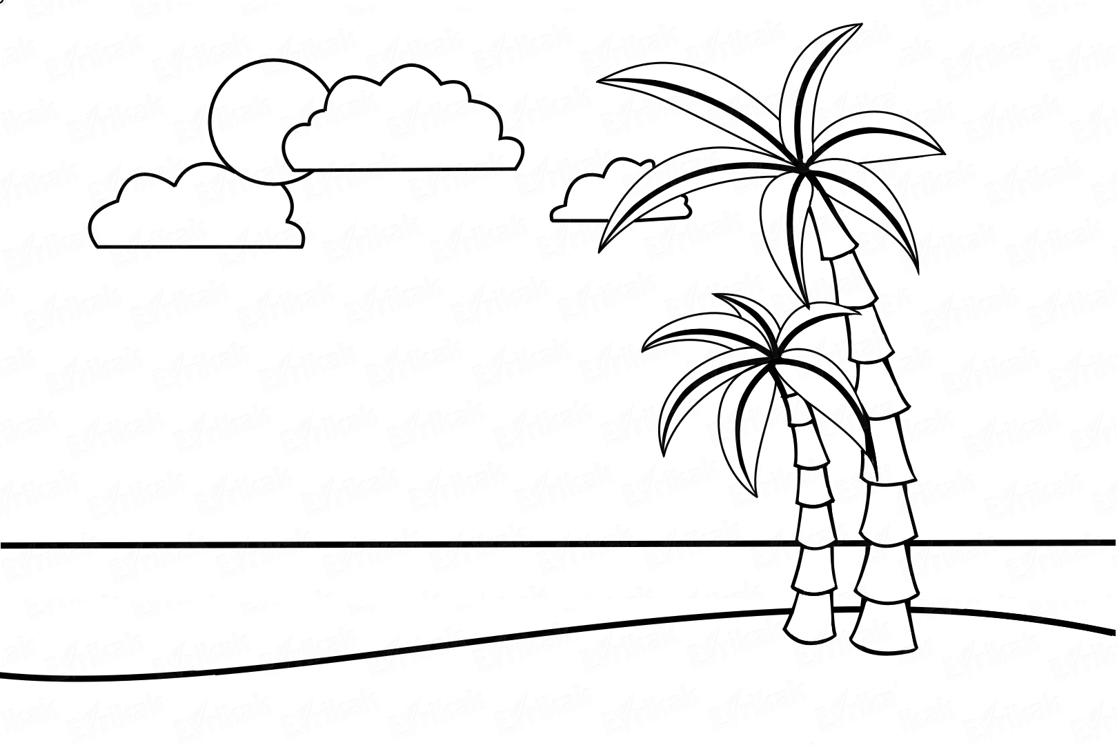 Раскраска пляж с пальмами