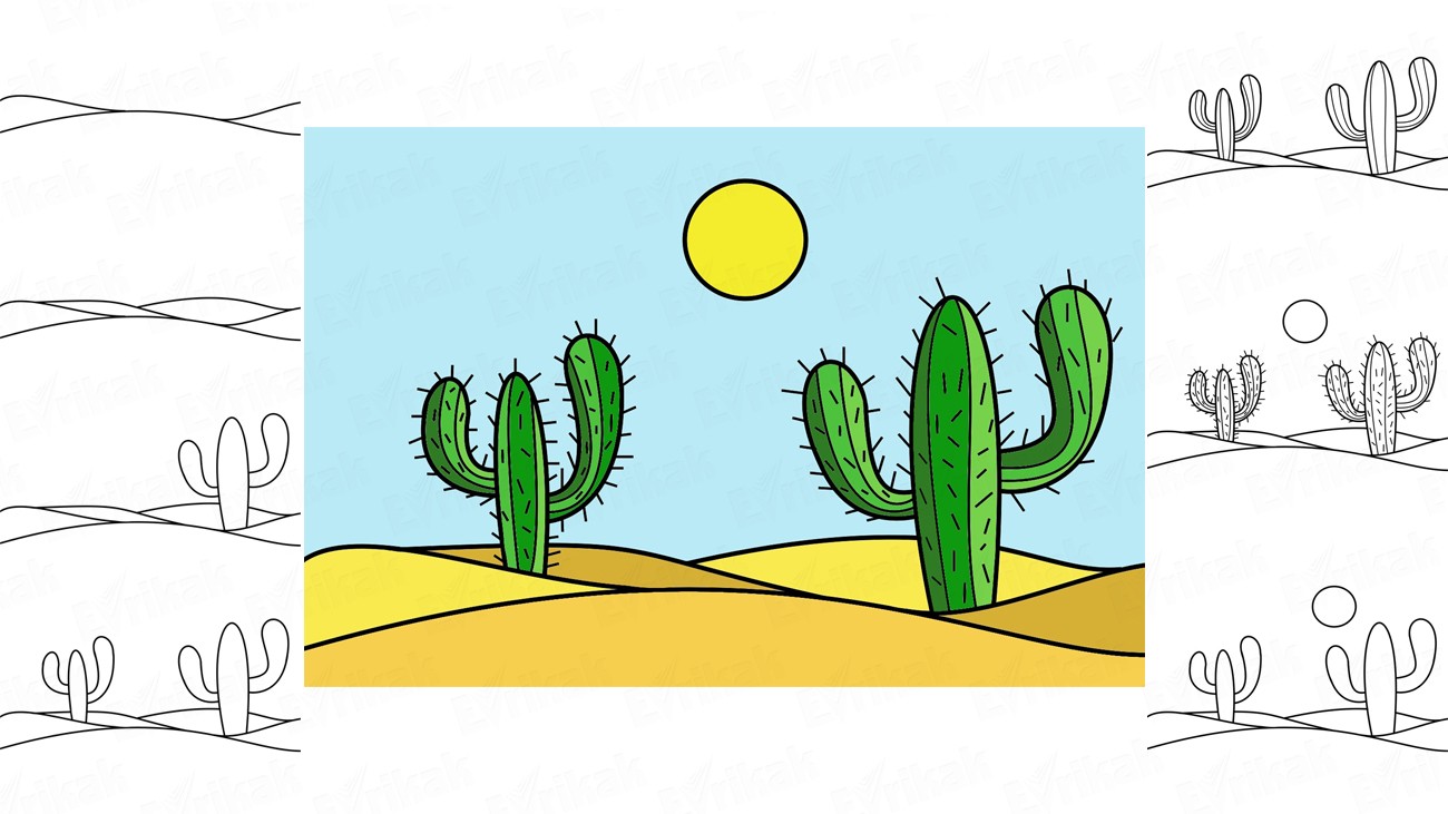 Учимся поэтапно рисовать кактусы в пустыне (+ раскраска)