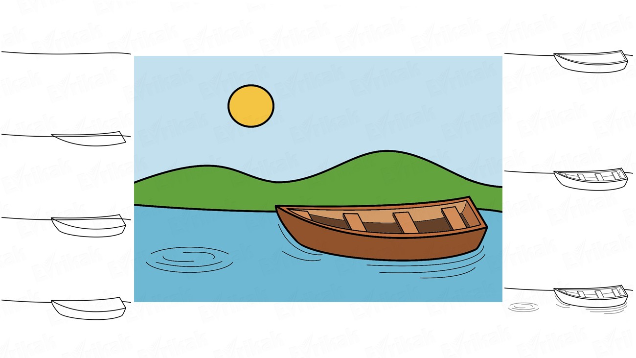 Учимся пошагово рисовать ребенку лодку на воде (+ раскраска)
