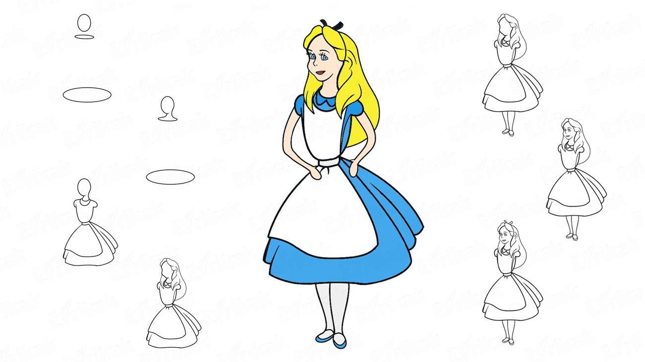 Учимся рисовать Алису в Стране Чудес из мультфильма (+ раскраска)