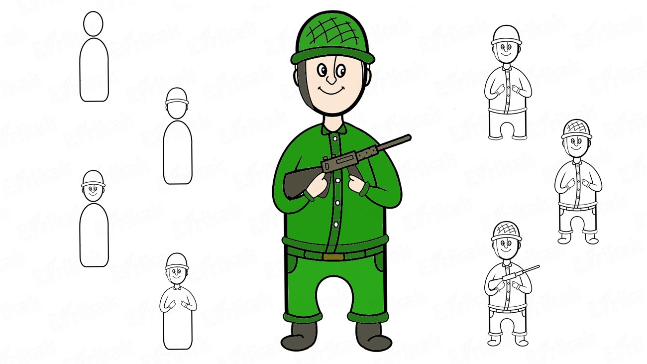 Учимся поэтапно рисовать русского военного солдата с автоматом (+ раскраска)