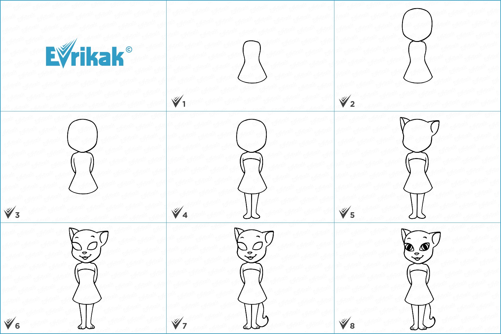 Коллаж с этапами рисования кошки Анжелы из игры