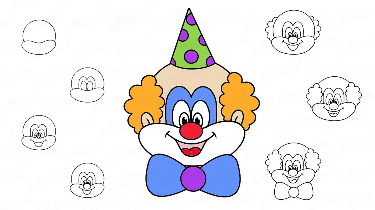 Учимся поэтапно рисовать лицо клоуна с ребенком (+ раскраска)