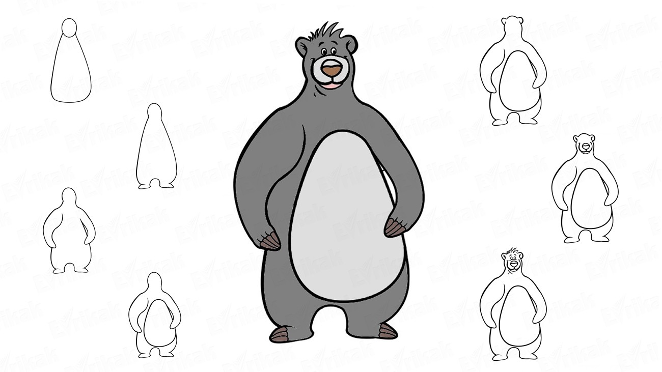 Рисуем поэтапно медведя Балу из «Маугли» (+ раскраска)