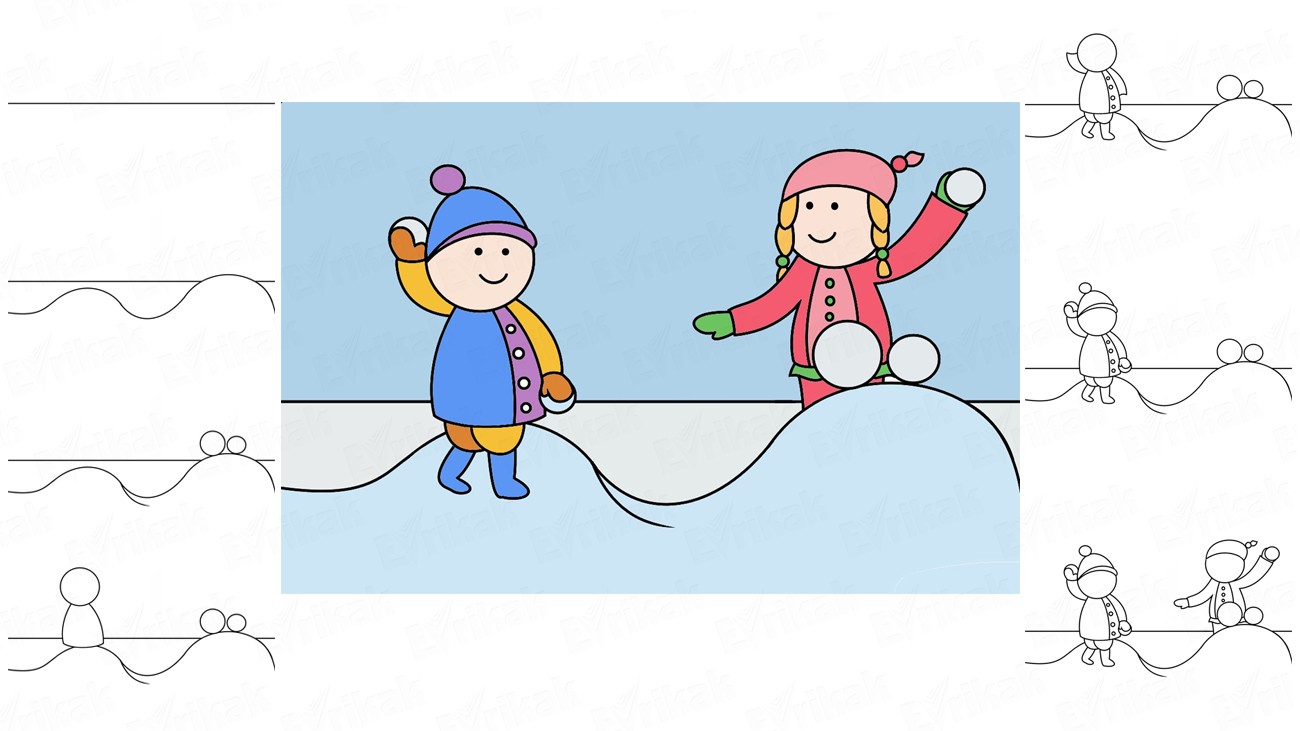 Учимся пошагово рисовать игру в снежки ( + раскраска)