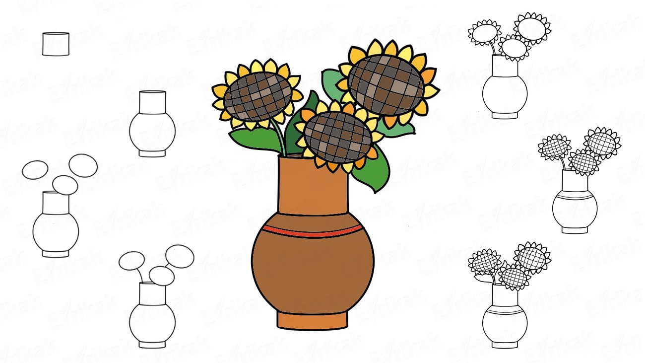 Учимся поэтапно рисовать осенние цветы в вазе (+ раскраска)