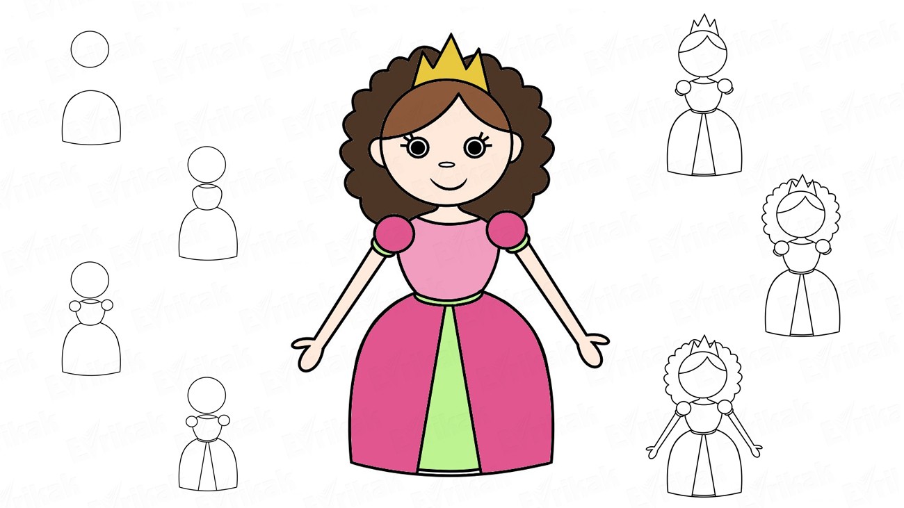 Учимся рисовать принцессу пошагово с ребенком (+ раскраска)