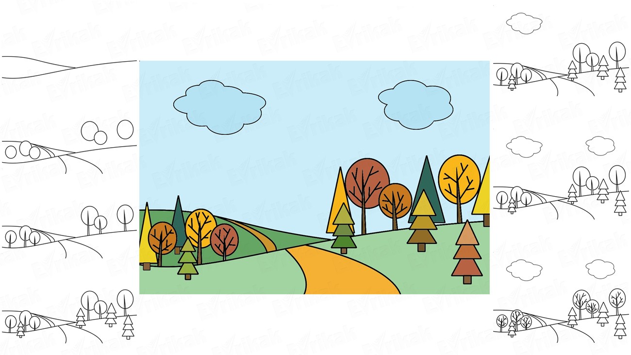 Учимся поэтапно рисовать осенний лес с ребенком (+ раскраска)