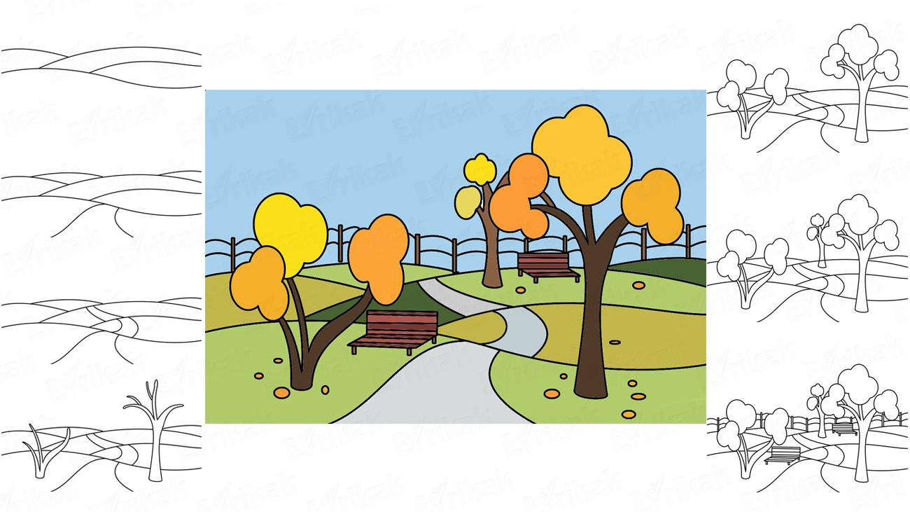 Учимся рисовать парк осенью с ребенком (+ раскраска)