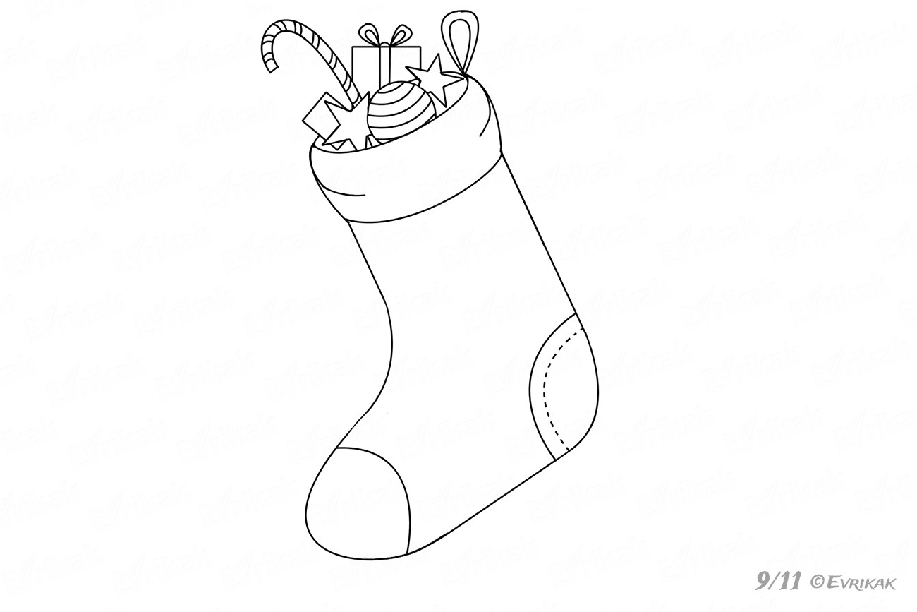 Носочек пошагово. Новогодние носки нарисовать. Нарисовать новогодний носочек. Рисунок новогоднего носка. Новогодний носок раскраска.