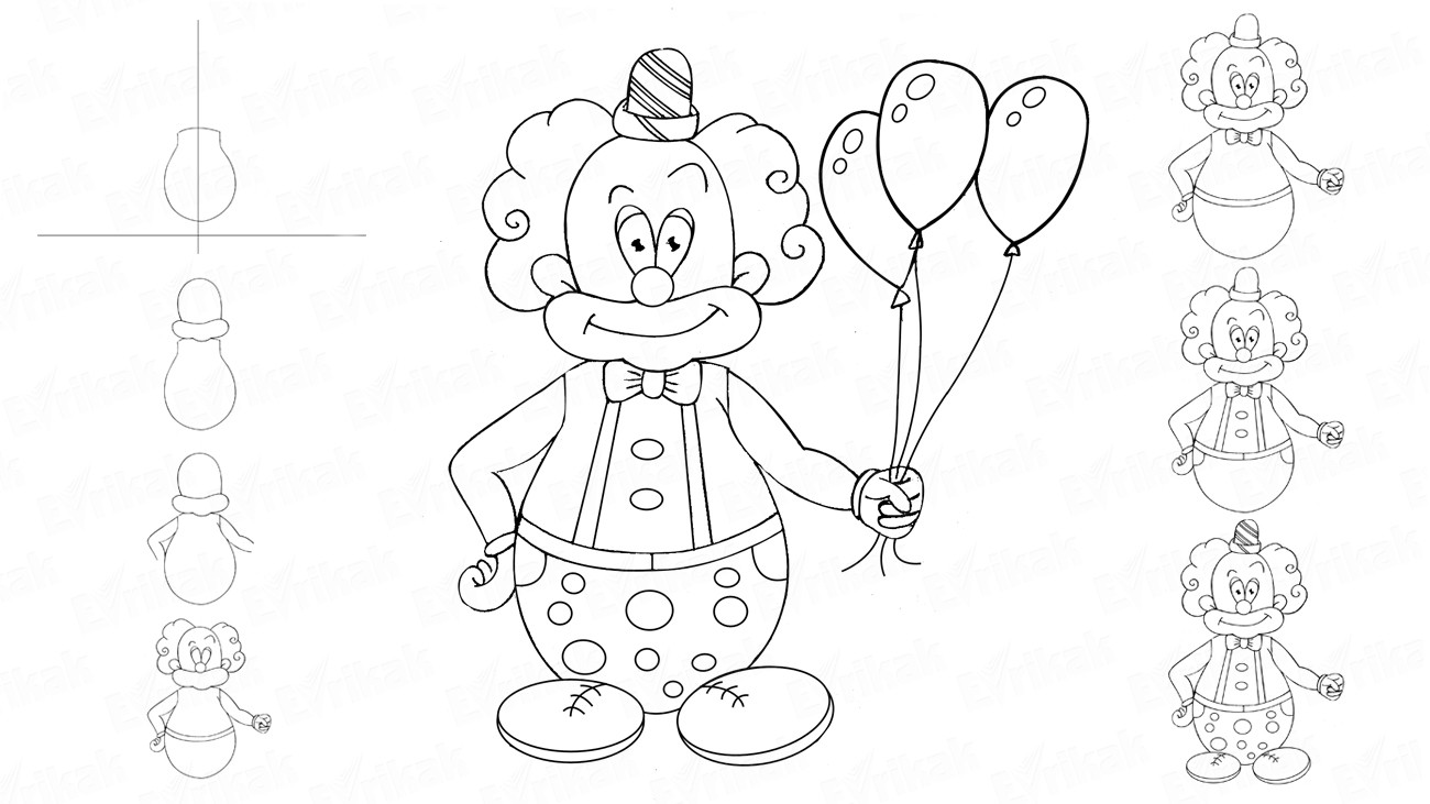 Учимся пошагово рисовать веселого клоуна с шариками