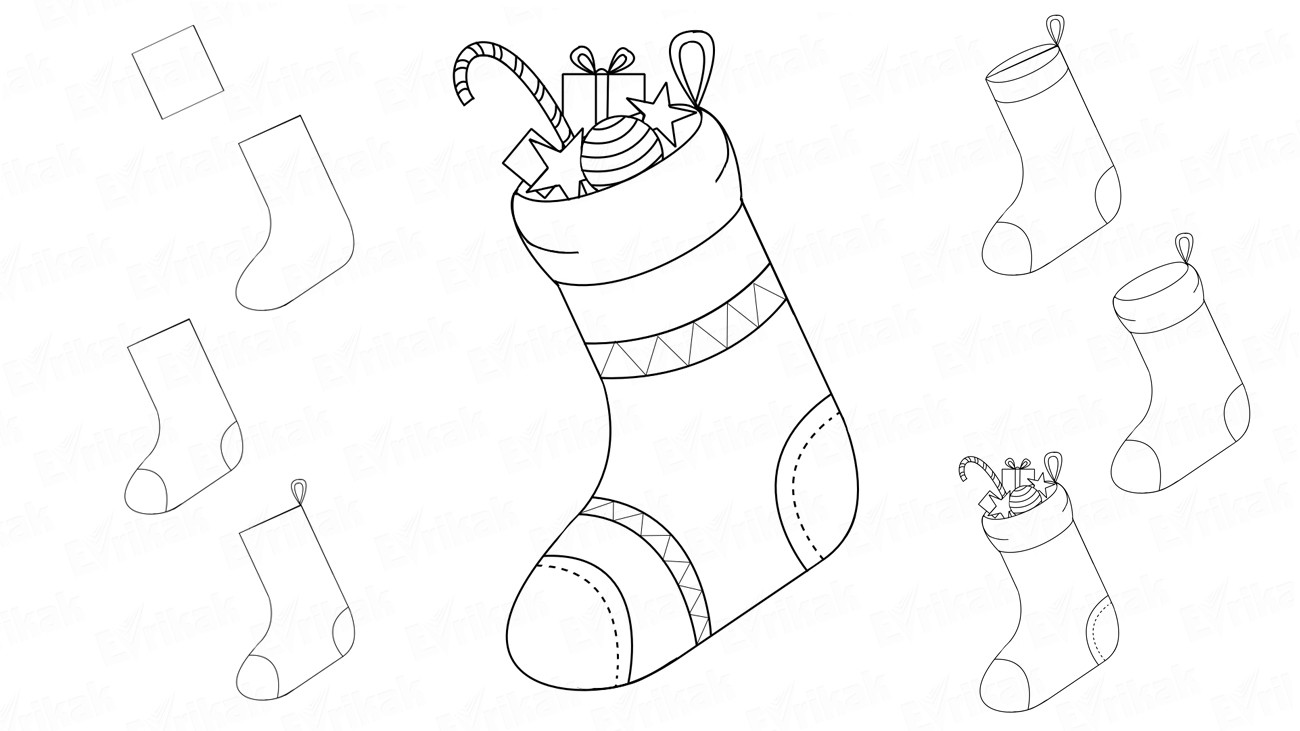 Как нарисовать новогодний подарочный носок (+ раскраска)