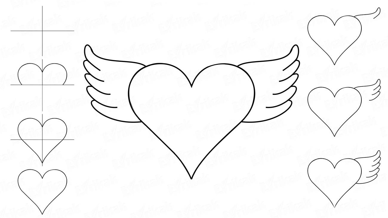 Как поэтапно нарисовать сердечко с крыльями ангела