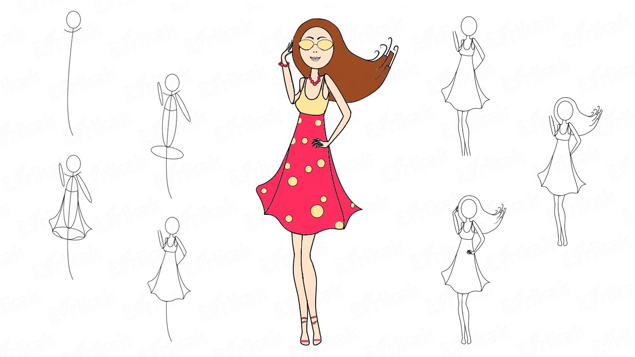 Учимся рисовать девушку в платье в полный рост (+ раскраска)