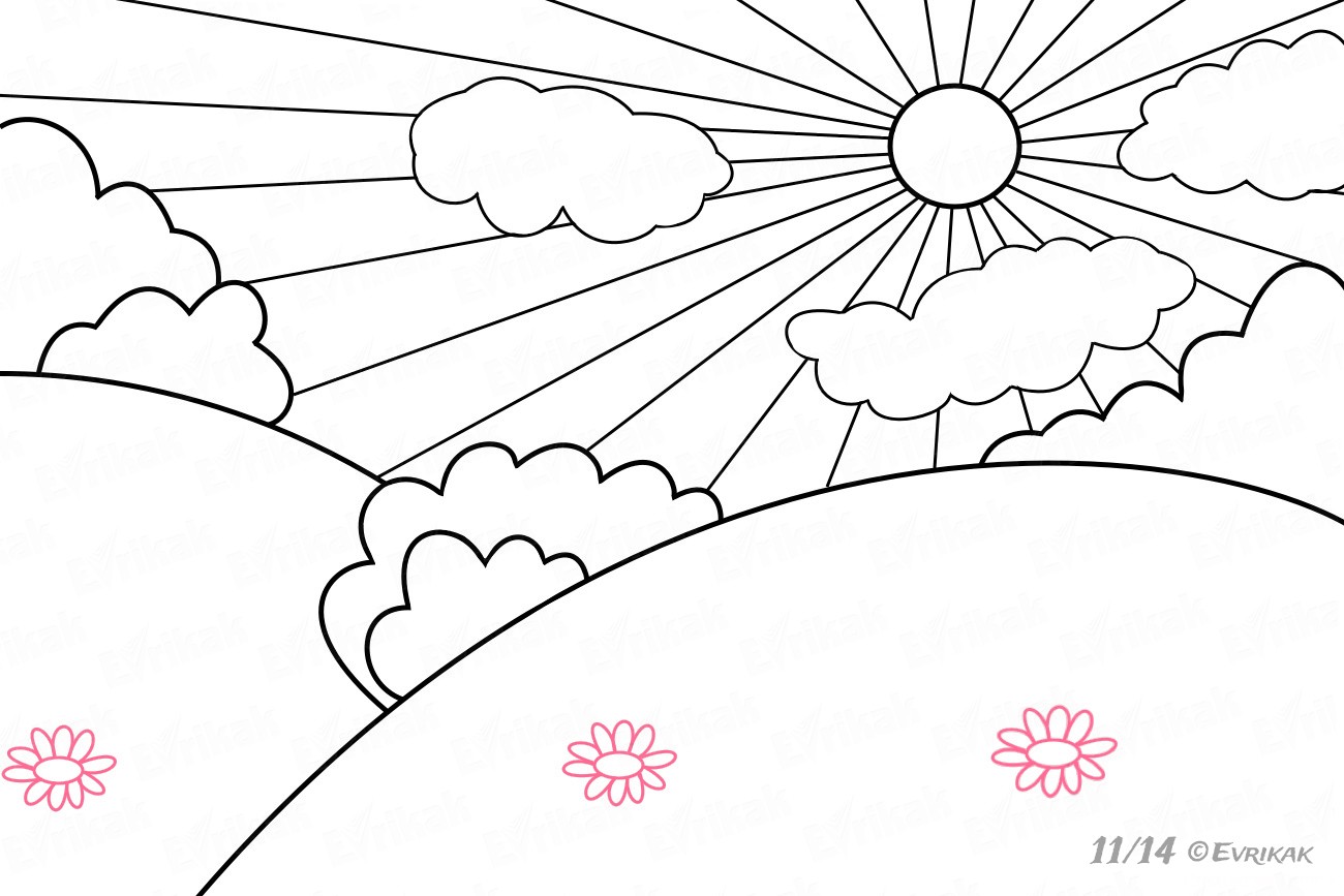 Раскраски Поляна с цветами и облаками