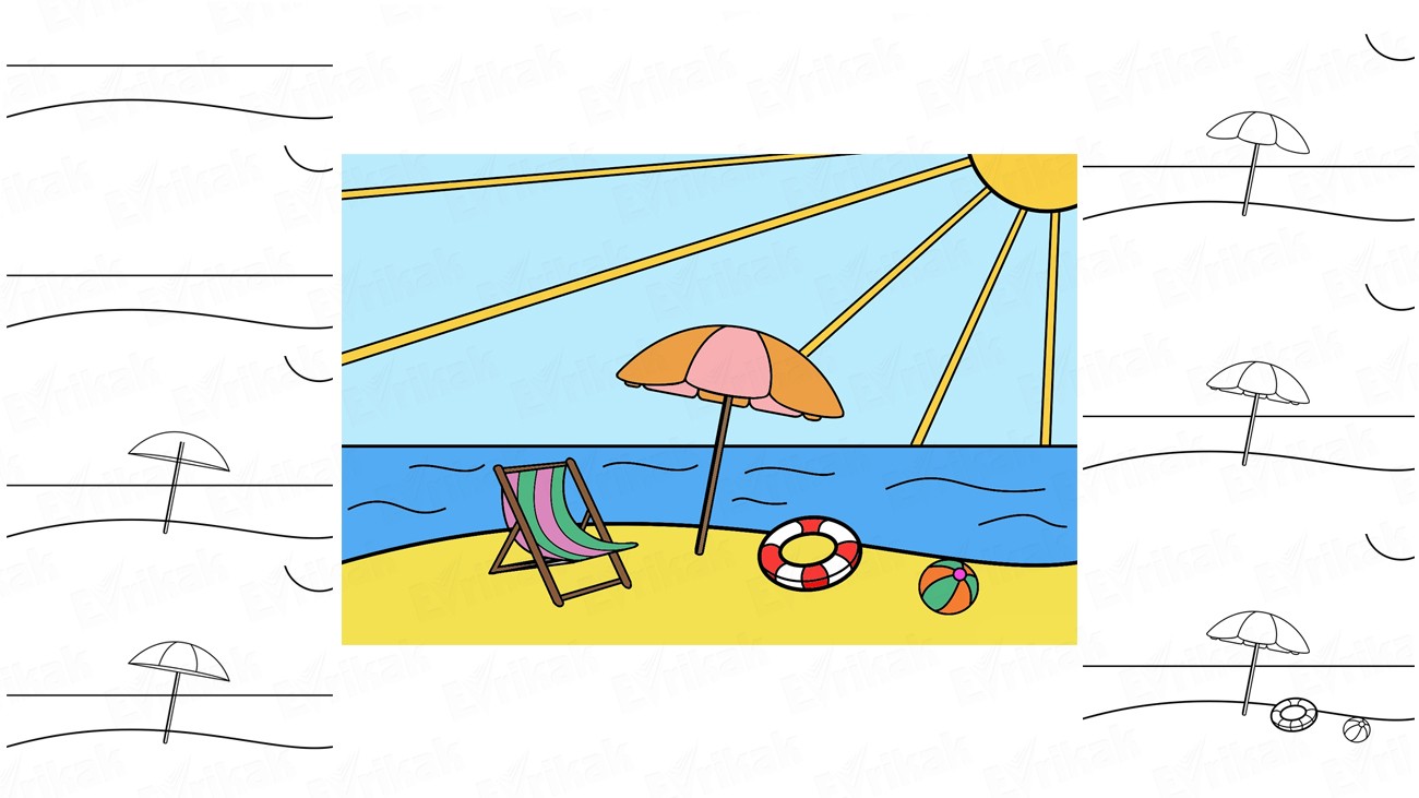 Учимся рисовать красивый пляжный пейзаж ребенку (+ раскраска)
