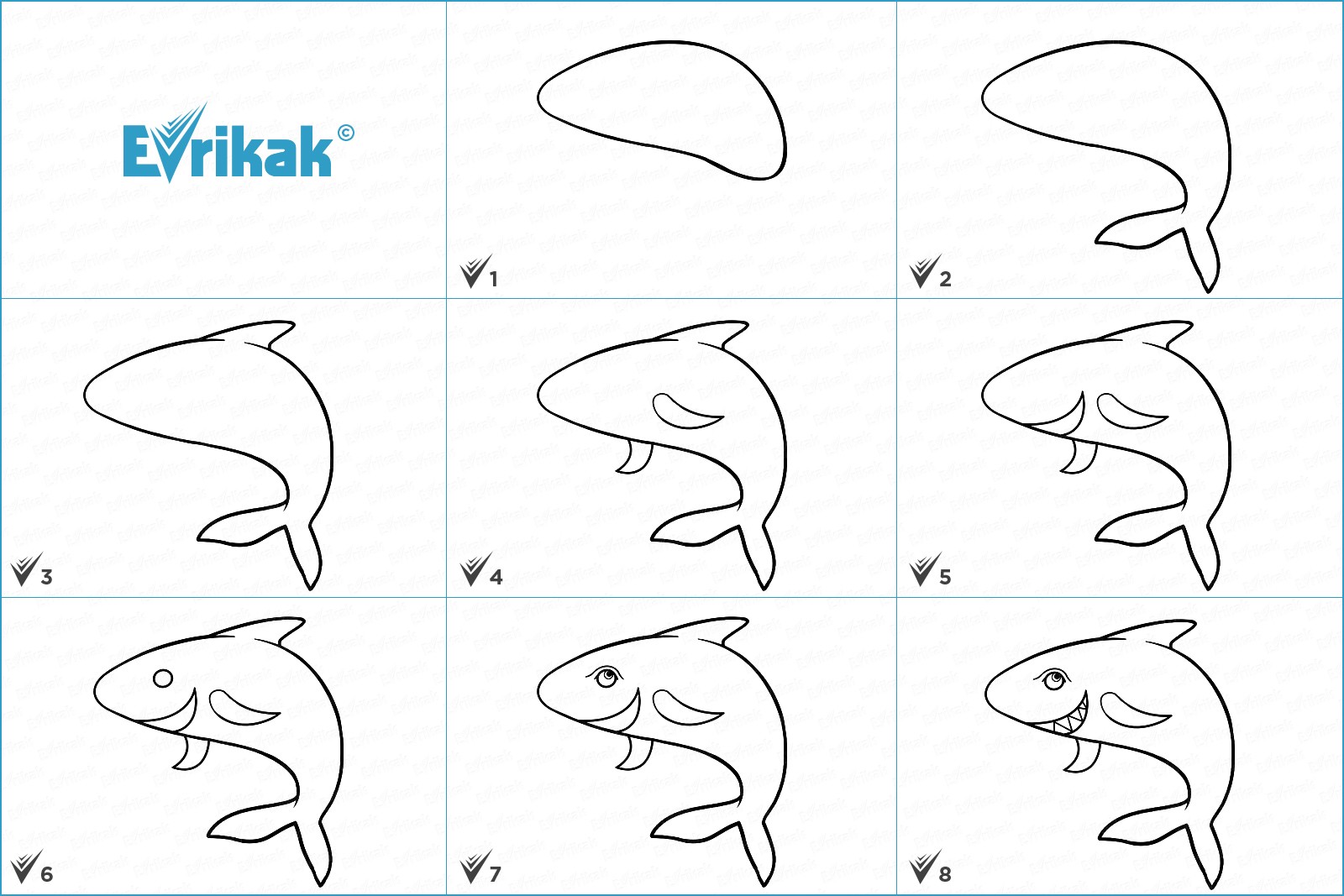 коллаж с этапами рисования акулы