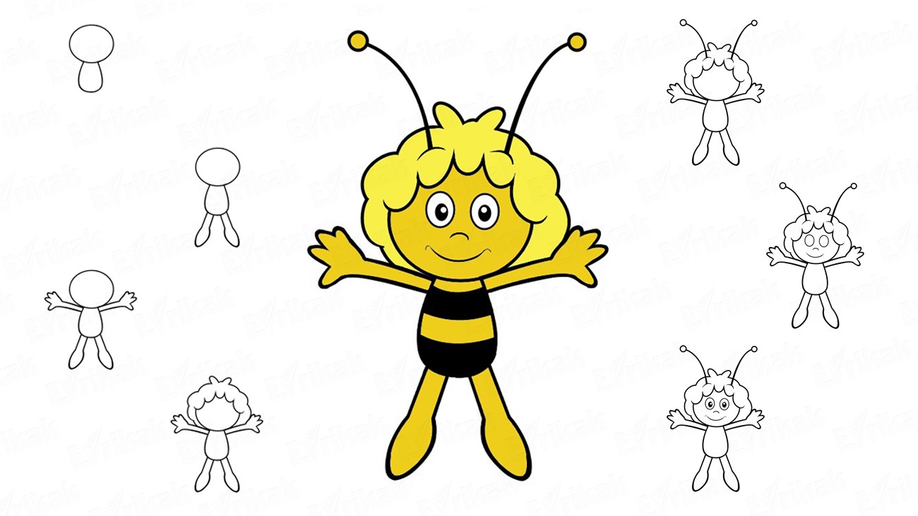 Учимся поэтапно рисовать пчелу Майю с ребенком (+ раскраска)