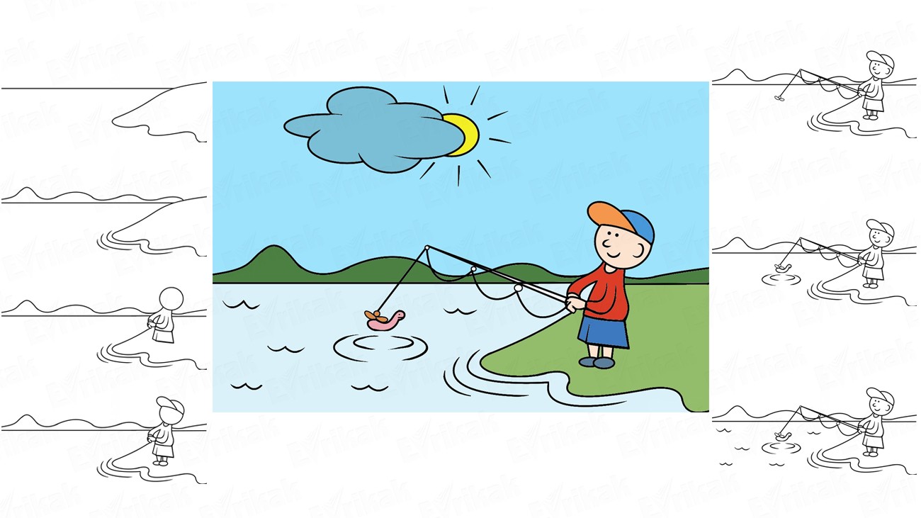 Учимся поэтапно рисовать рыбалку с ребенком (+ раскраска)